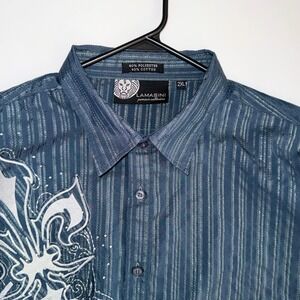 Lamasini‎ Mens 2XL Blue Pinstripe Fleur De Lis Embroidered Long Sleeve Shirt Y2K